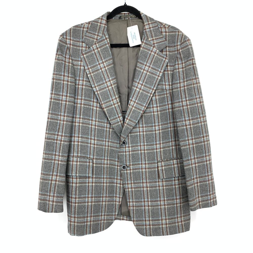Vintage Hamilton Two Button Blazer Jacket Mens Apx Sz 44 Gray Blue Wool Plaid